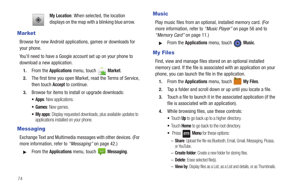 Market, Messaging, Music | My files, Market messaging music my files | Samsung SCH-R680WRAUSC User Manual | Page 78 / 141