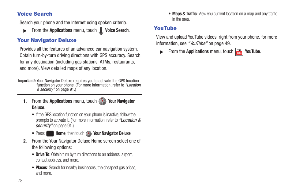 Voice search, Your navigator deluxe, Youtube | Voice search your navigator deluxe youtube | Samsung SCH-R680WRAUSC User Manual | Page 82 / 141