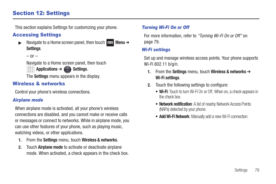 Section 12: settings, Accessing settings, Wireless & networks | Airplane mode, Turning wi-fi on or off, Wi-fi settings, Accessing settings wireless & networks | Samsung SCH-R680WRAUSC User Manual | Page 83 / 141
