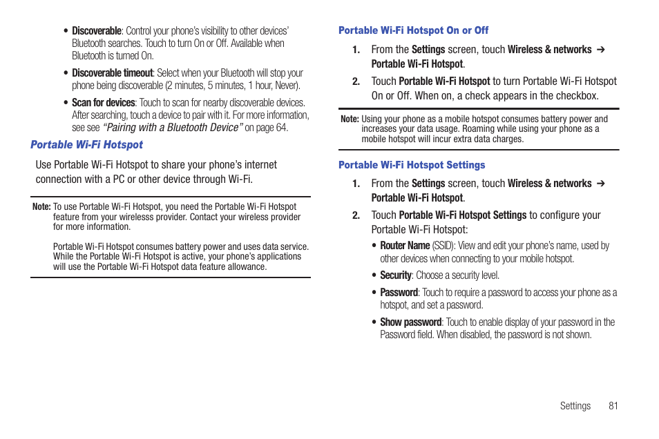 Portable wi-fi hotspot, Portable wi-fi hotspot on or off, Portable wi-fi hotspot settings | Samsung SCH-R680WRAUSC User Manual | Page 85 / 141