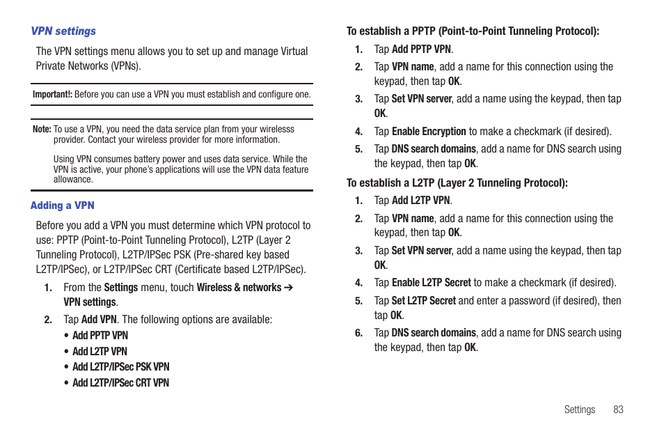 Vpn settings, Adding a vpn | Samsung SCH-R680WRAUSC User Manual | Page 87 / 141