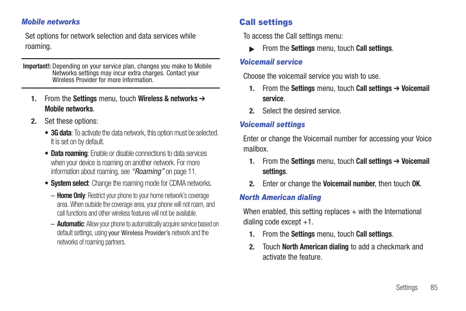 Mobile networks, Call settings, Voicemail service | Voicemail settings, North american dialing | Samsung SCH-R680WRAUSC User Manual | Page 89 / 141