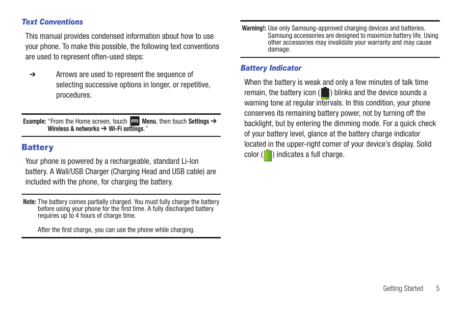 Text conventions, Battery, Battery indicator | Samsung SCH-R680WRAUSC User Manual | Page 9 / 141