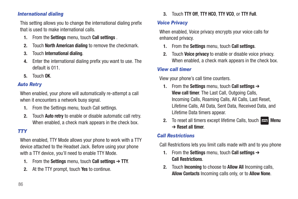 International dialing, Auto retry, Voice privacy | View call timer, Call restrictions | Samsung SCH-R680WRAUSC User Manual | Page 90 / 141