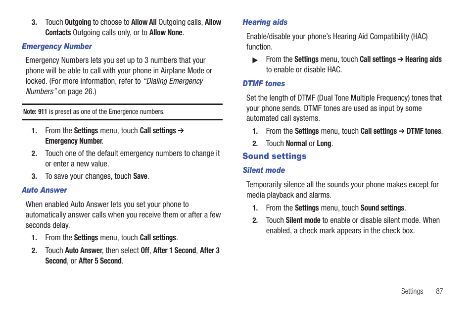 Emergency number, Auto answer, Hearing aids | Dtmf tones, Sound settings, Silent mode | Samsung SCH-R680WRAUSC User Manual | Page 91 / 141