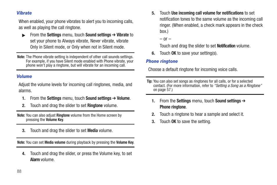 Vibrate, Volume, Phone ringtone | Samsung SCH-R680WRAUSC User Manual | Page 92 / 141