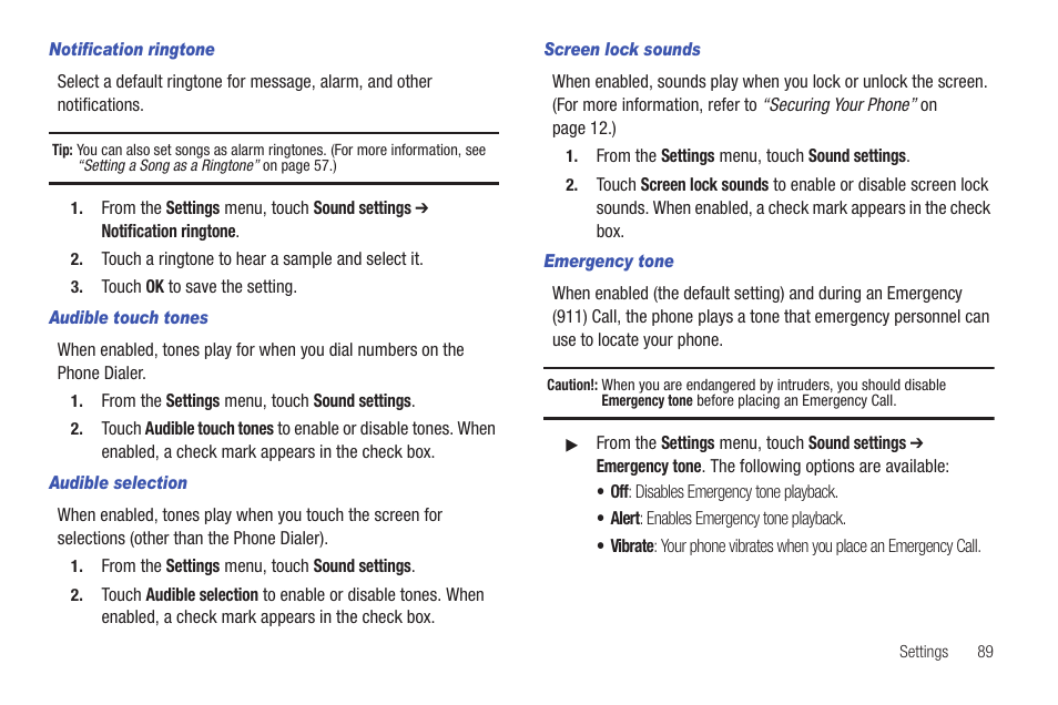 Notification ringtone, Audible touch tones, Audible selection | Screen lock sounds, Emergency tone | Samsung SCH-R680WRAUSC User Manual | Page 93 / 141