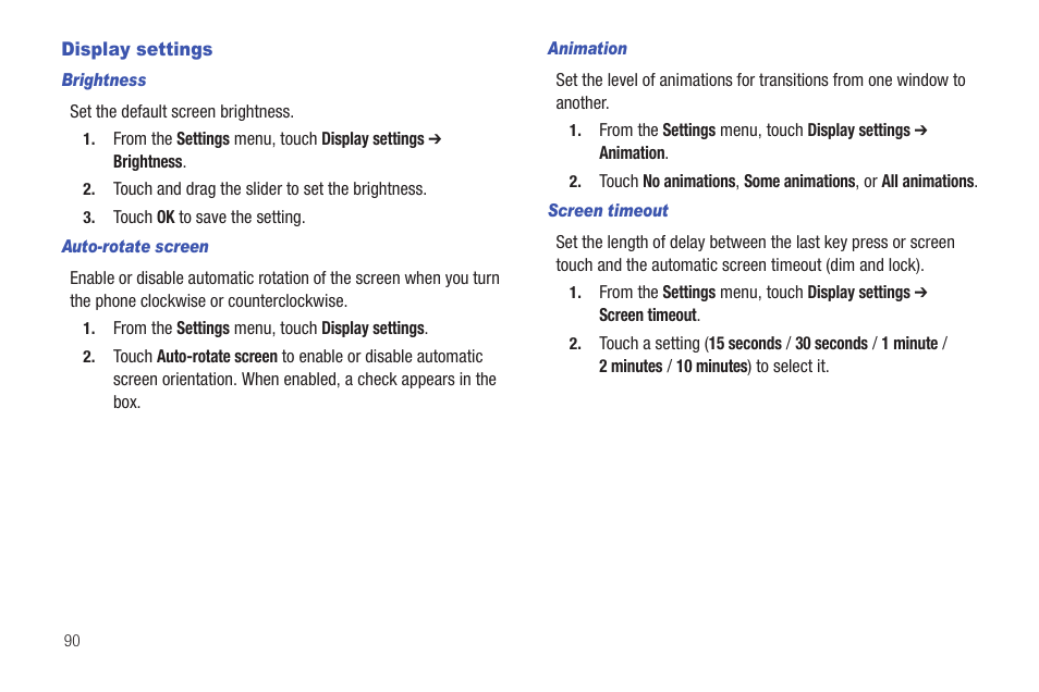 Display settings, Brightness, Auto-rotate screen | Animation, Screen timeout | Samsung SCH-R680WRAUSC User Manual | Page 94 / 141