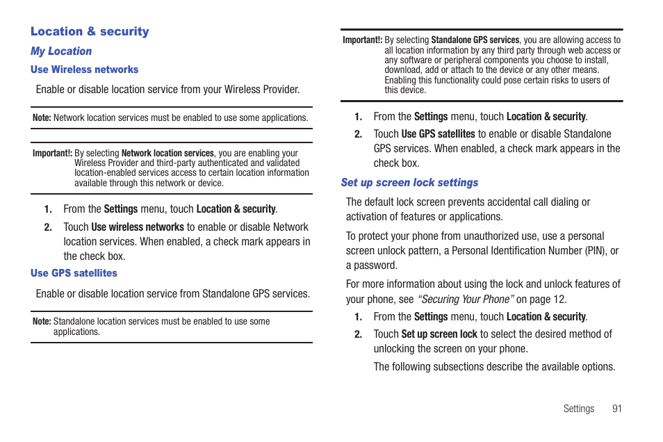 Location & security, My location, Use wireless networks | Use gps satellites, Set up screen lock settings | Samsung SCH-R680WRAUSC User Manual | Page 95 / 141