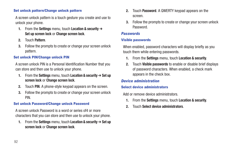 Set unlock pattern/change unlock pattern, Set unlock pin/change unlock pin, Set unlock password/change unlock password | Passwords, Visible passwords, Device administration, Select device administrators | Samsung SCH-R680WRAUSC User Manual | Page 96 / 141