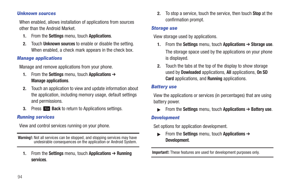 Unknown sources, Manage applications, Running services | Storage use, Battery use, Development | Samsung SCH-R680WRAUSC User Manual | Page 98 / 141