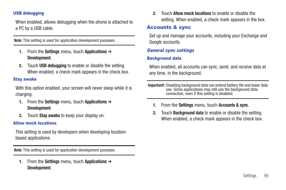 Usb debugging, Stay awake, Allow mock locations | Accounts & sync, General sync settings, Background data | Samsung SCH-R680WRAUSC User Manual | Page 99 / 141