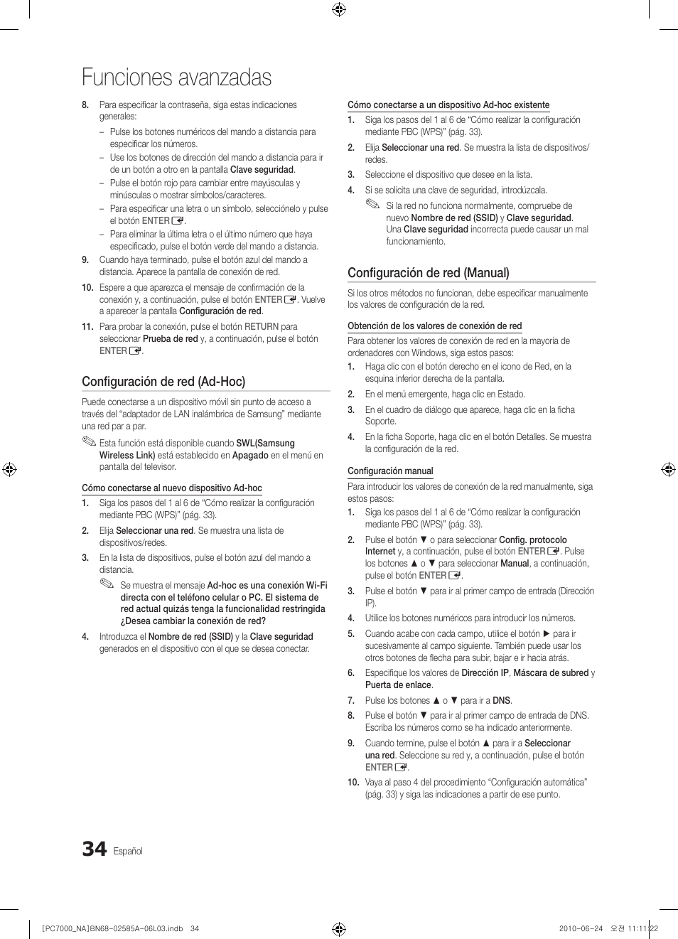 Funciones avanzadas, Configuración de red (ad-hoc), Configuración de red (manual) | Samsung PN63C7000YFXZA User Manual | Page 100 / 198