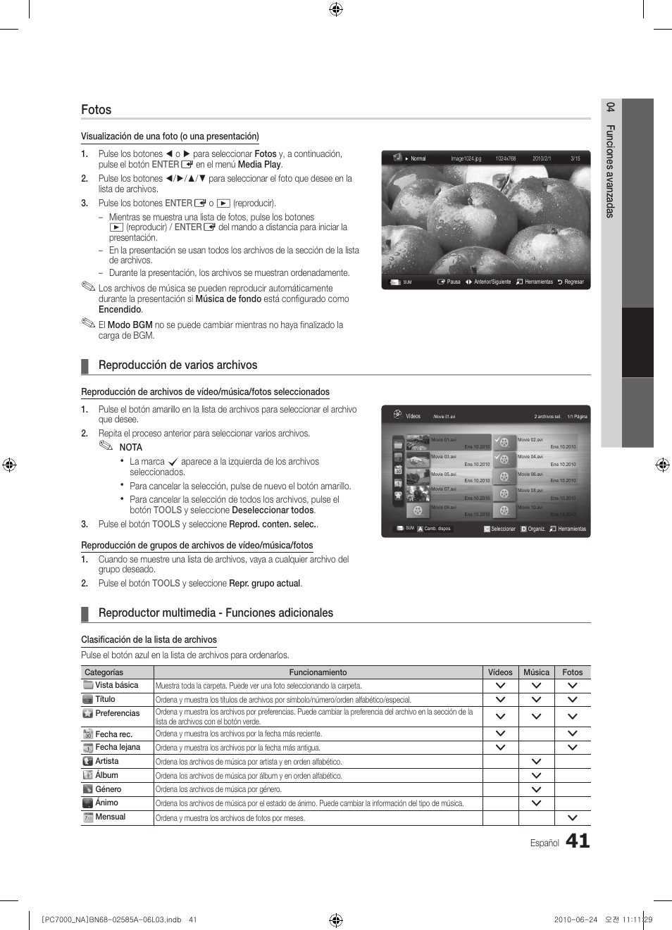 Fotos, Reproducción de varios archivos, Reproductor multimedia - funciones adicionales | Samsung PN63C7000YFXZA User Manual | Page 107 / 198