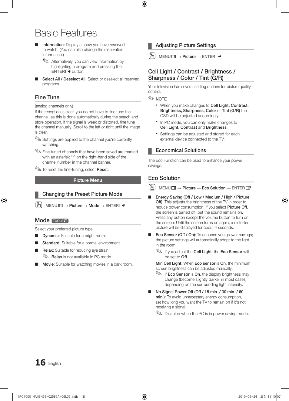 Picture menu, Basic features | Samsung PN63C7000YFXZA User Manual | Page 16 / 198