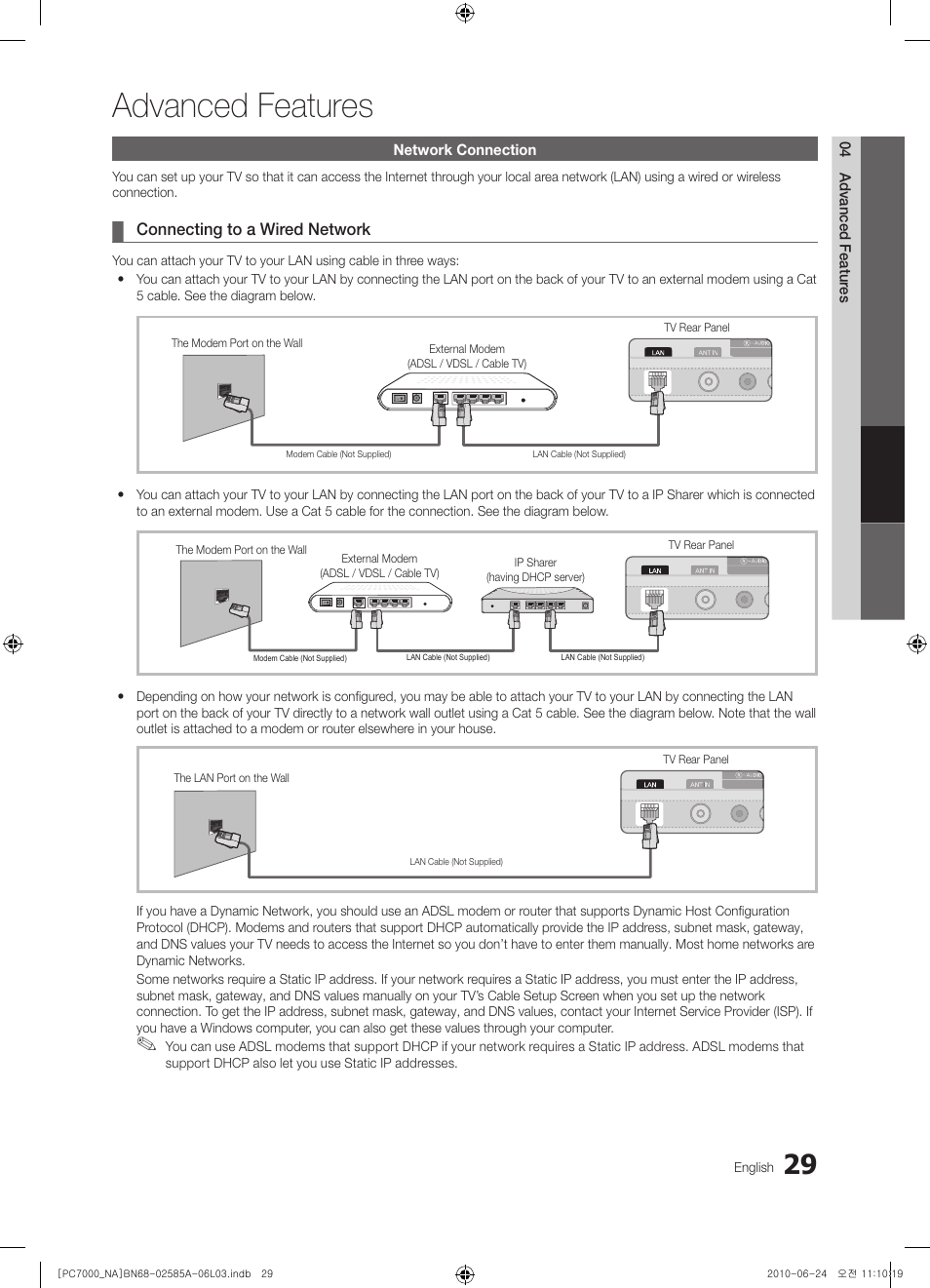 Advanced features, Network connection | Samsung PN63C7000YFXZA User Manual | Page 29 / 198