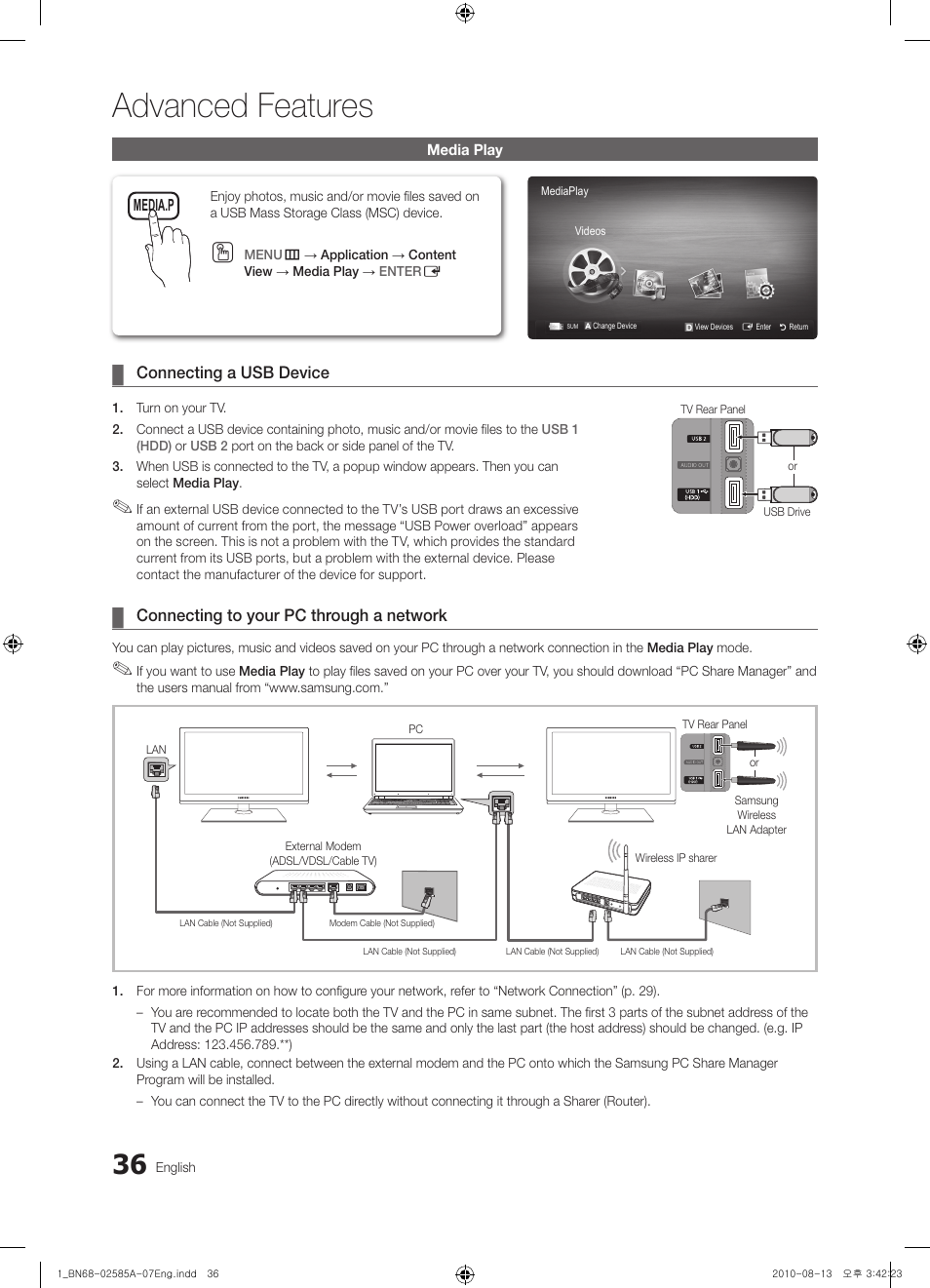 Media play, Advanced features | Samsung PN63C7000YFXZA User Manual | Page 36 / 198