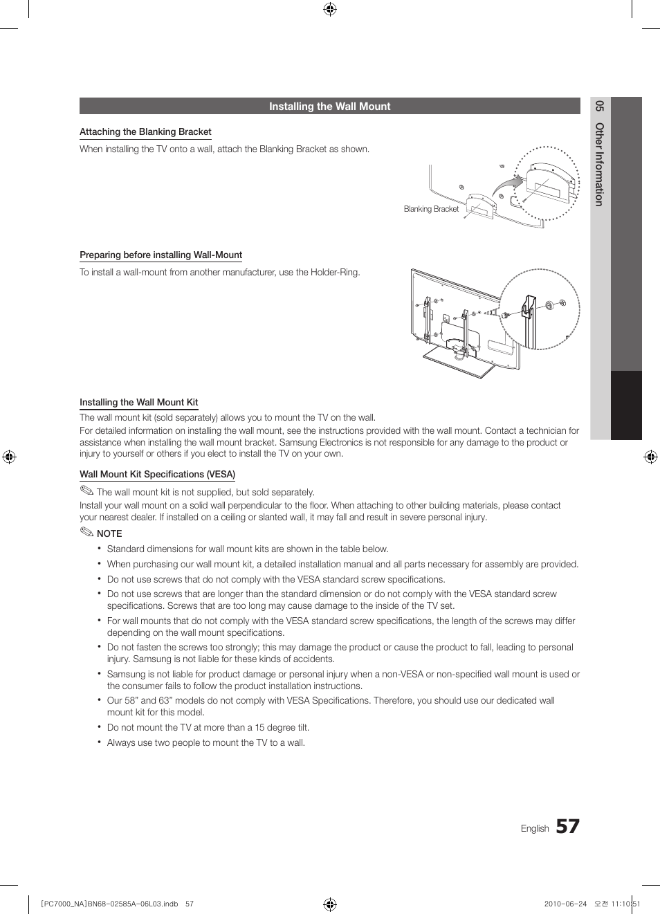 Installing the wall mount | Samsung PN63C7000YFXZA User Manual | Page 57 / 198