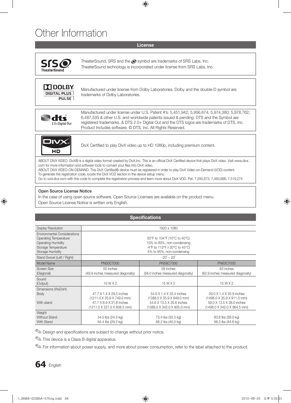 Specifications, Other information | Samsung PN63C7000YFXZA User Manual | Page 64 / 198