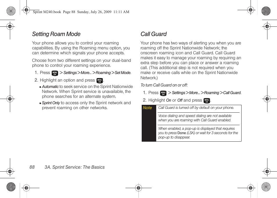 Setting roam mode, Call guard, Call guard” on | Samsung SPH-M240ZKASPR User Manual | Page 100 / 137
