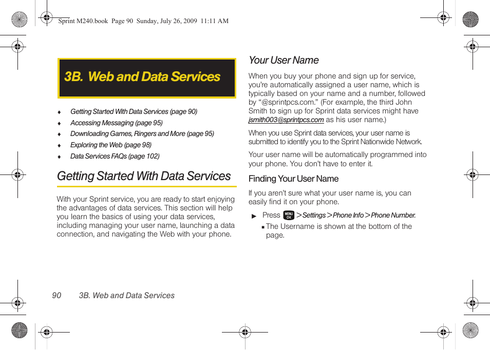 3b. web and data services, Getting started with data services, Your user name | Samsung SPH-M240ZKASPR User Manual | Page 102 / 137