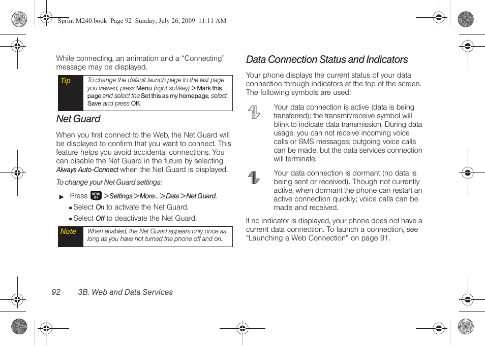 Net guard, Data connection status and indicators | Samsung SPH-M240ZKASPR User Manual | Page 104 / 137