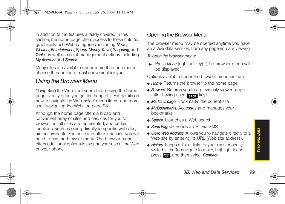 Using the browser menu | Samsung SPH-M240ZKASPR User Manual | Page 111 / 137