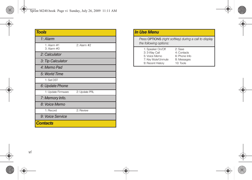 Tools, Contacts in use menu | Samsung SPH-M240ZKASPR User Manual | Page 12 / 137