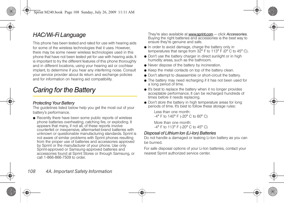 Hac/wi-fi language, Caring for the battery | Samsung SPH-M240ZKASPR User Manual | Page 120 / 137