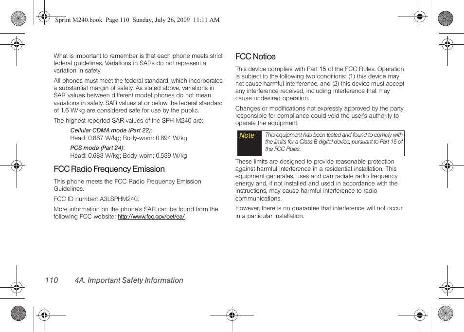 Fcc radio frequency emission, Fcc notice | Samsung SPH-M240ZKASPR User Manual | Page 122 / 137