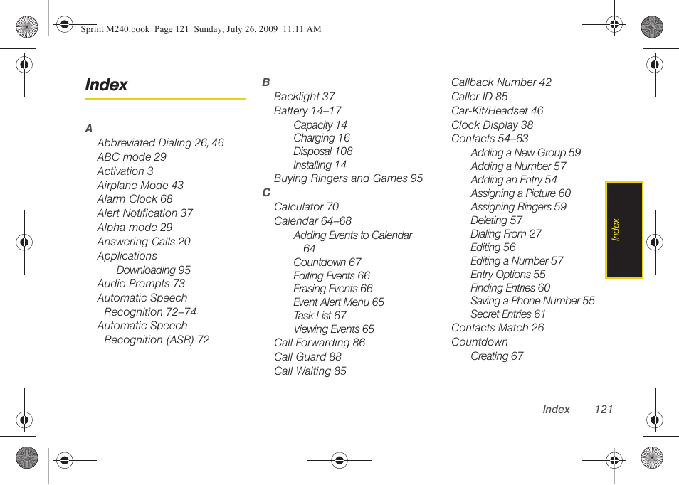 Index | Samsung SPH-M240ZKASPR User Manual | Page 133 / 137