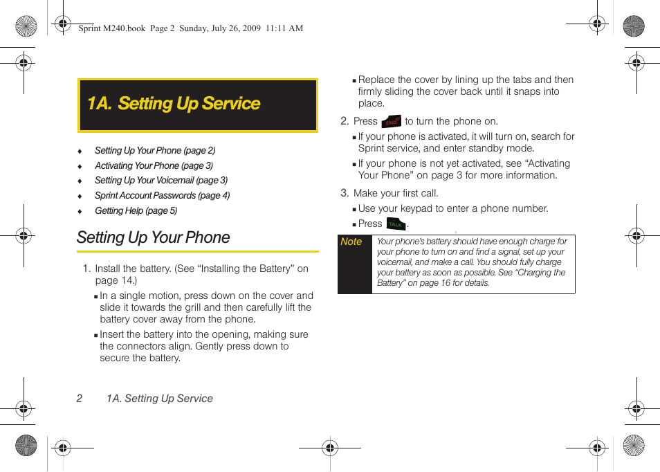 1a. setting up service, Setting up your phone | Samsung SPH-M240ZKASPR User Manual | Page 14 / 137