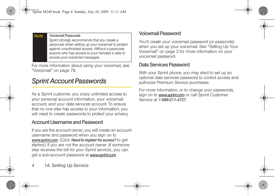 Sprint account passwords | Samsung SPH-M240ZKASPR User Manual | Page 16 / 137