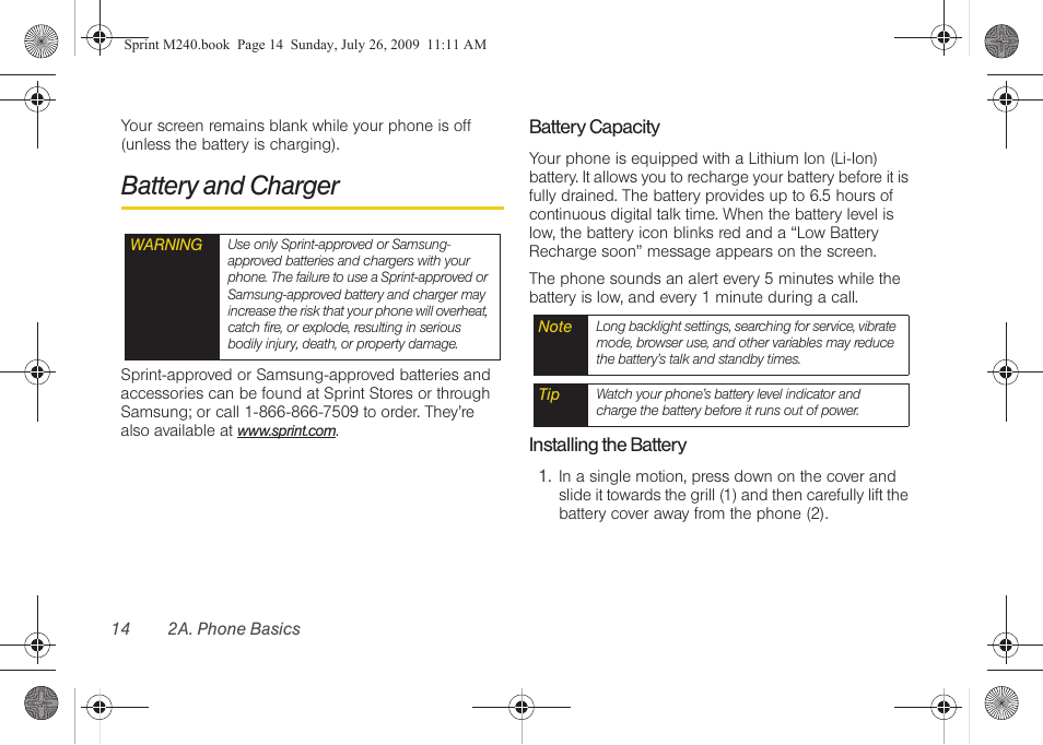 Battery and charger | Samsung SPH-M240ZKASPR User Manual | Page 26 / 137