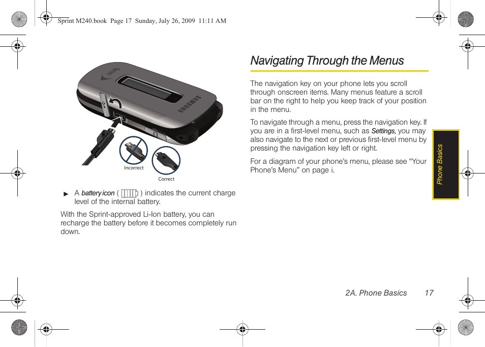 Navigating through the menus | Samsung SPH-M240ZKASPR User Manual | Page 29 / 137