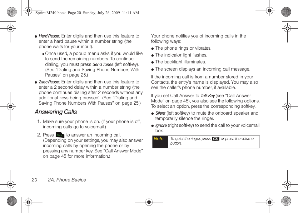 Answering calls | Samsung SPH-M240ZKASPR User Manual | Page 32 / 137