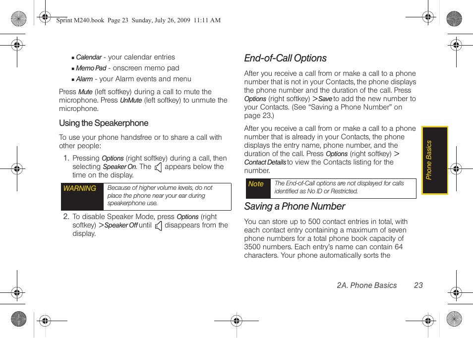 End-of-call options, Saving a phone number | Samsung SPH-M240ZKASPR User Manual | Page 35 / 137