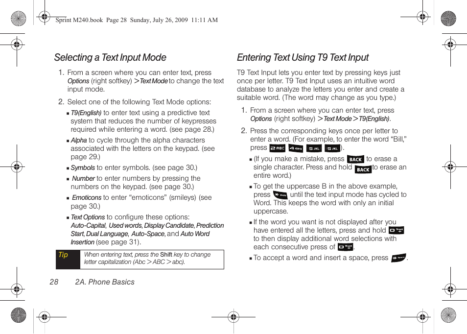 Selecting a text input mode, Entering text using t9 text input | Samsung SPH-M240ZKASPR User Manual | Page 40 / 137