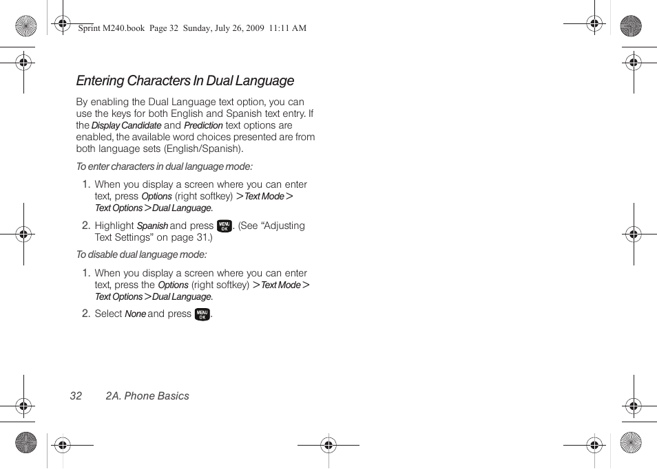 Entering characters in dual language | Samsung SPH-M240ZKASPR User Manual | Page 44 / 137