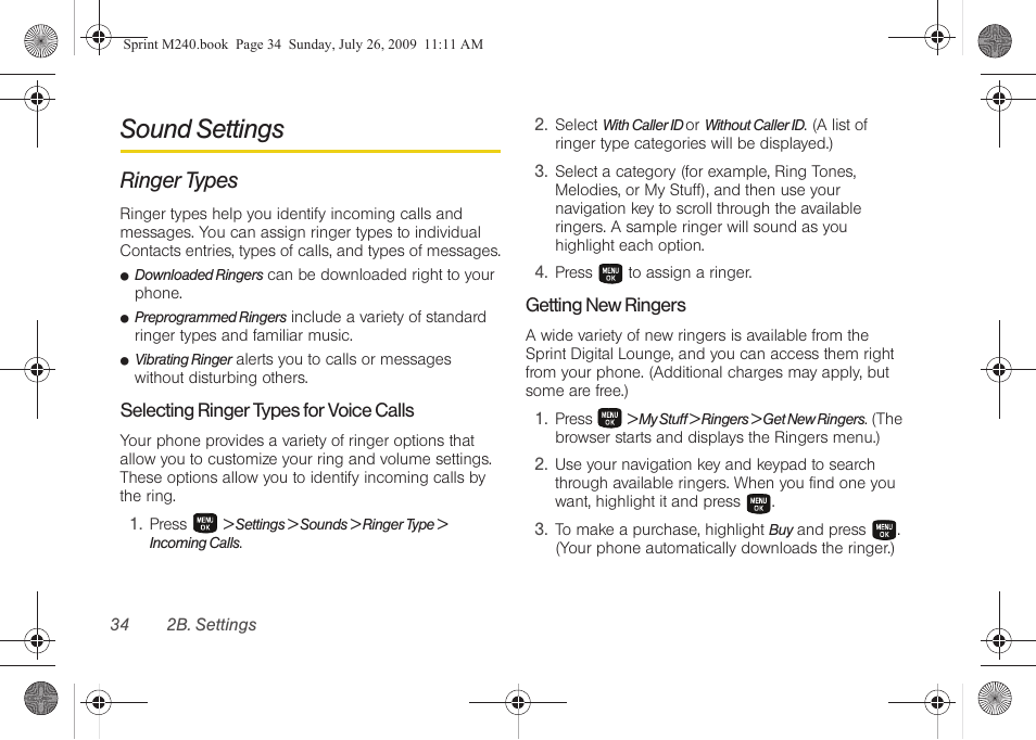 Sound settings, Ringer types | Samsung SPH-M240ZKASPR User Manual | Page 46 / 137