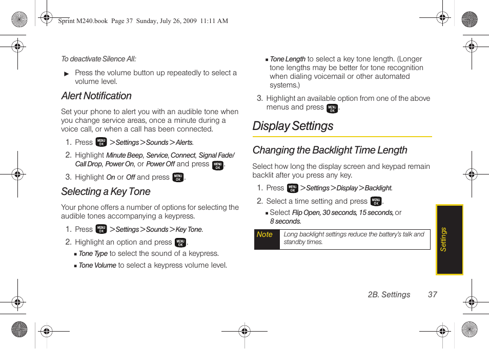 Alert notification, Selecting a key tone, Display settings | Changing the backlight time length | Samsung SPH-M240ZKASPR User Manual | Page 49 / 137