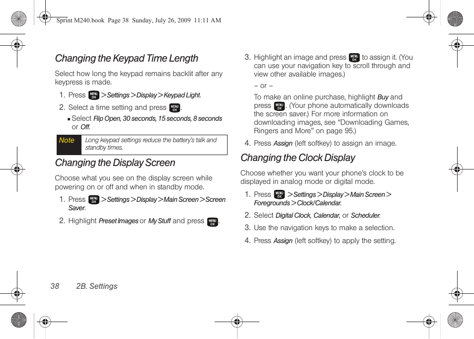 Changing the keypad time length, Changing the display screen, Changing the clock display | Samsung SPH-M240ZKASPR User Manual | Page 50 / 137