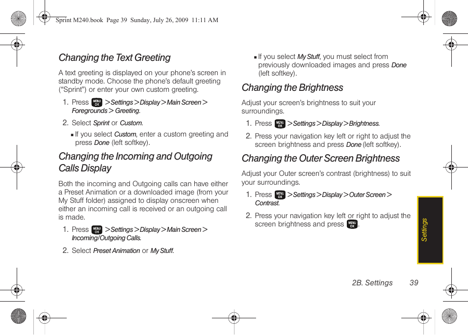 Changing the text greeting, Changing the incoming and outgoing calls display, Changing the brightness | Changing the outer screen brightness | Samsung SPH-M240ZKASPR User Manual | Page 51 / 137