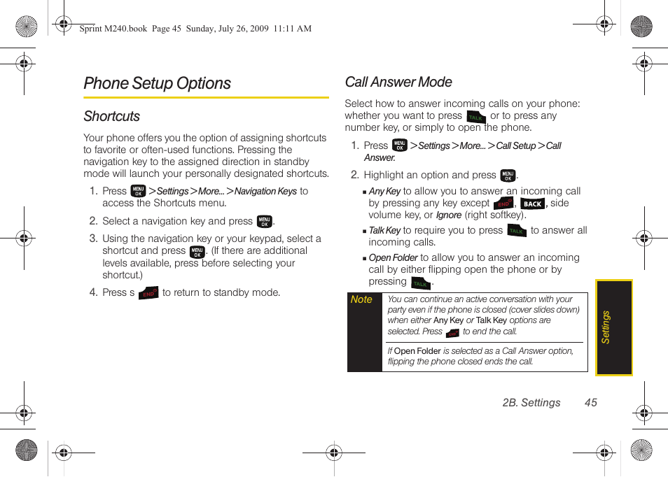 Phone setup options, Shortcuts, Call answer mode | See “call answer | Samsung SPH-M240ZKASPR User Manual | Page 57 / 137