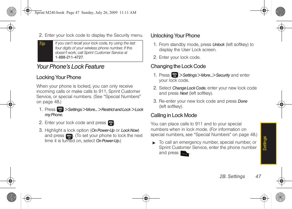 Your phone’s lock feature | Samsung SPH-M240ZKASPR User Manual | Page 59 / 137