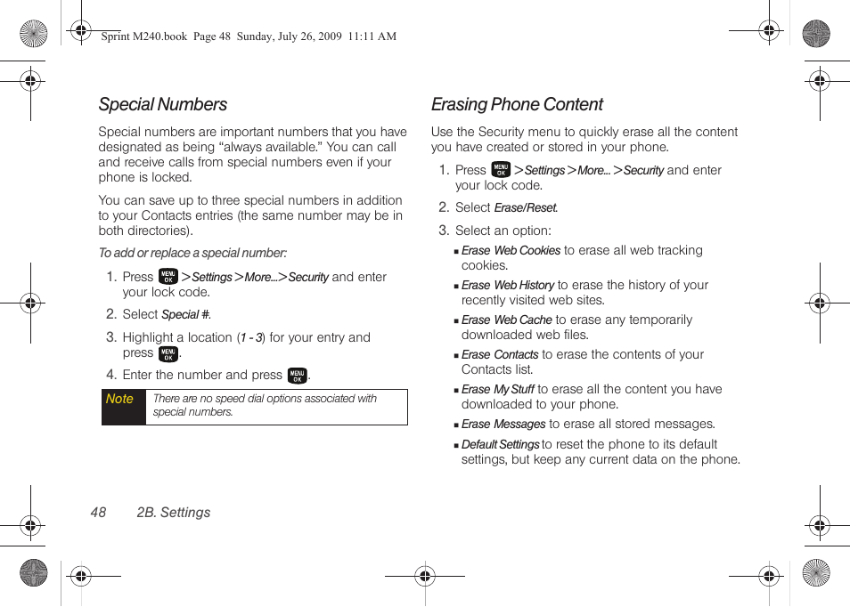 Special numbers, Erasing phone content | Samsung SPH-M240ZKASPR User Manual | Page 60 / 137