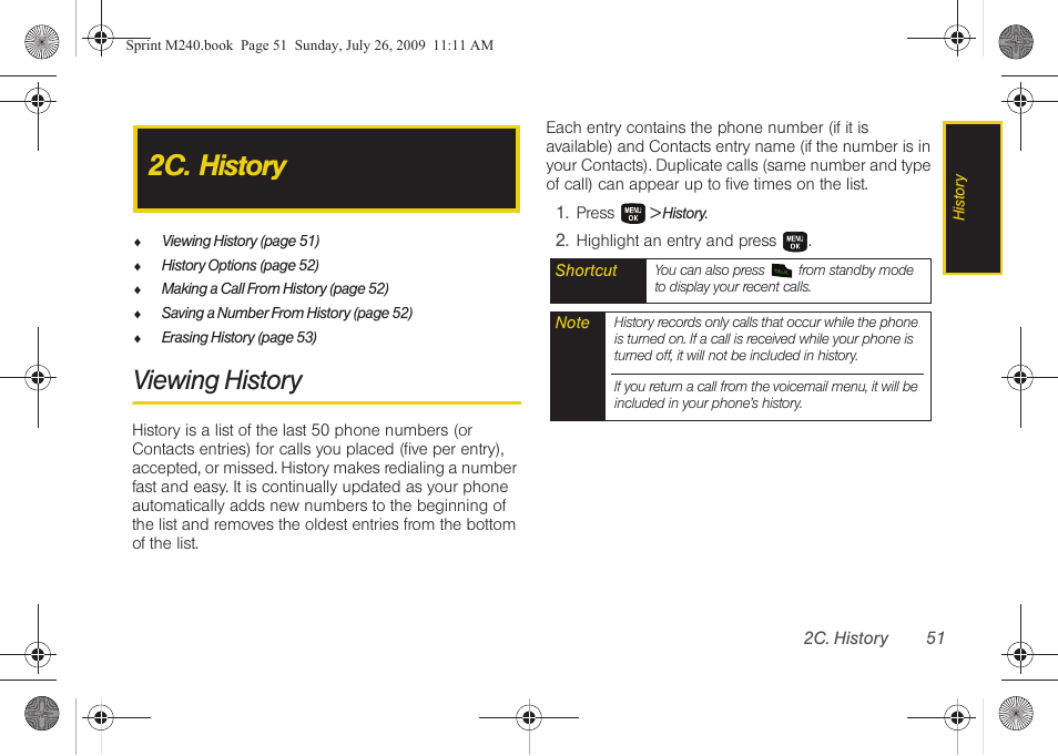 2c. history, Viewing history | Samsung SPH-M240ZKASPR User Manual | Page 63 / 137