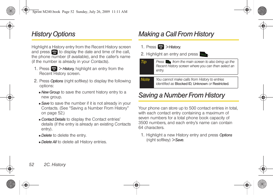 History options, Making a call from history, Saving a number from history | Samsung SPH-M240ZKASPR User Manual | Page 64 / 137