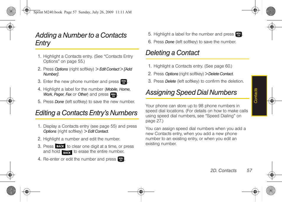 Adding a number to a contacts entry, Editing a contacts entry’s numbers, Deleting a contact | Assigning speed dial numbers | Samsung SPH-M240ZKASPR User Manual | Page 69 / 137