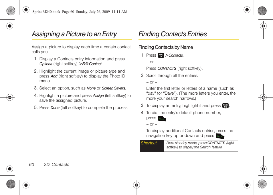 Assigning a picture to an entry, Finding contacts entries | Samsung SPH-M240ZKASPR User Manual | Page 72 / 137